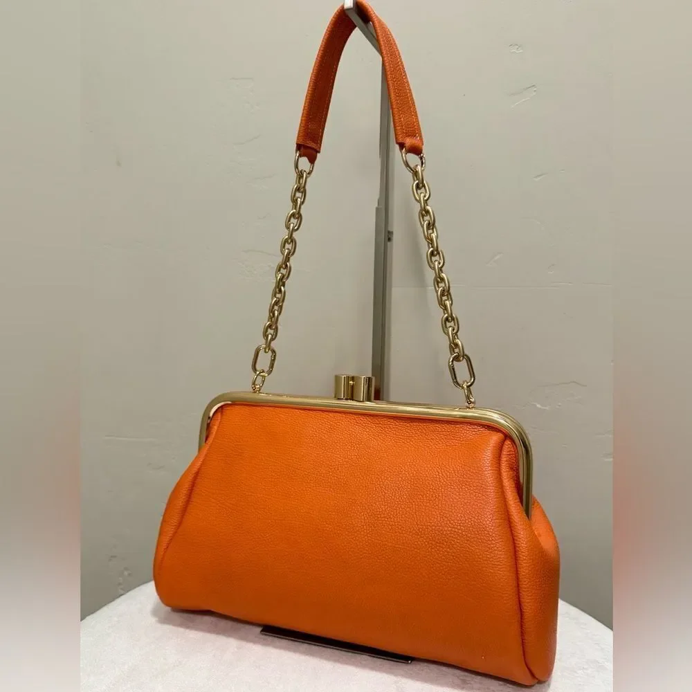 Orange Premium Pebble Cowhide Handmade Large Kiss Lock Handbag/ Multi Use Style